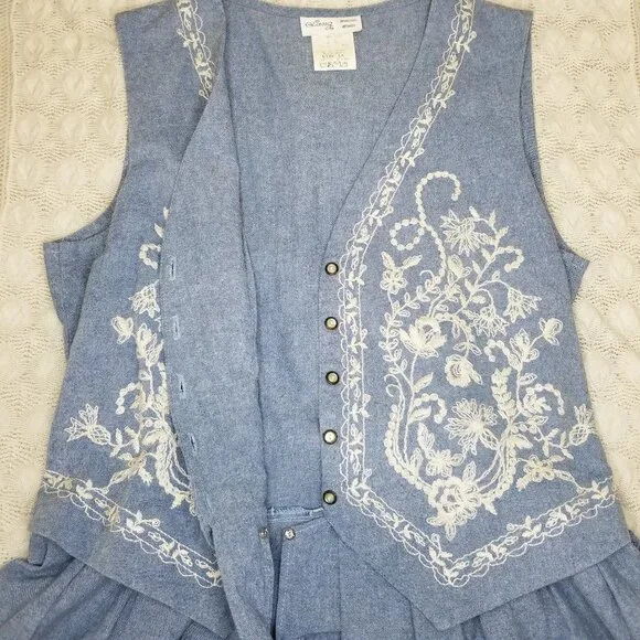 Vintage LANZ Embroidered Cottagecore Prairie Dress Blue Size 14 Pleated Skirt - Picture 8 of 11